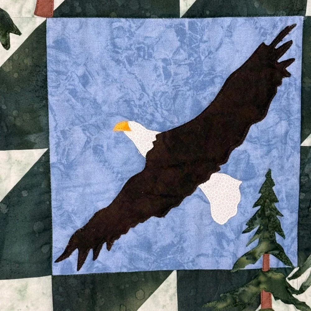 Handmade Wall Quilt Fiber Art, Eagles, Pine Forest Cabincore Lodge, Nature Lover